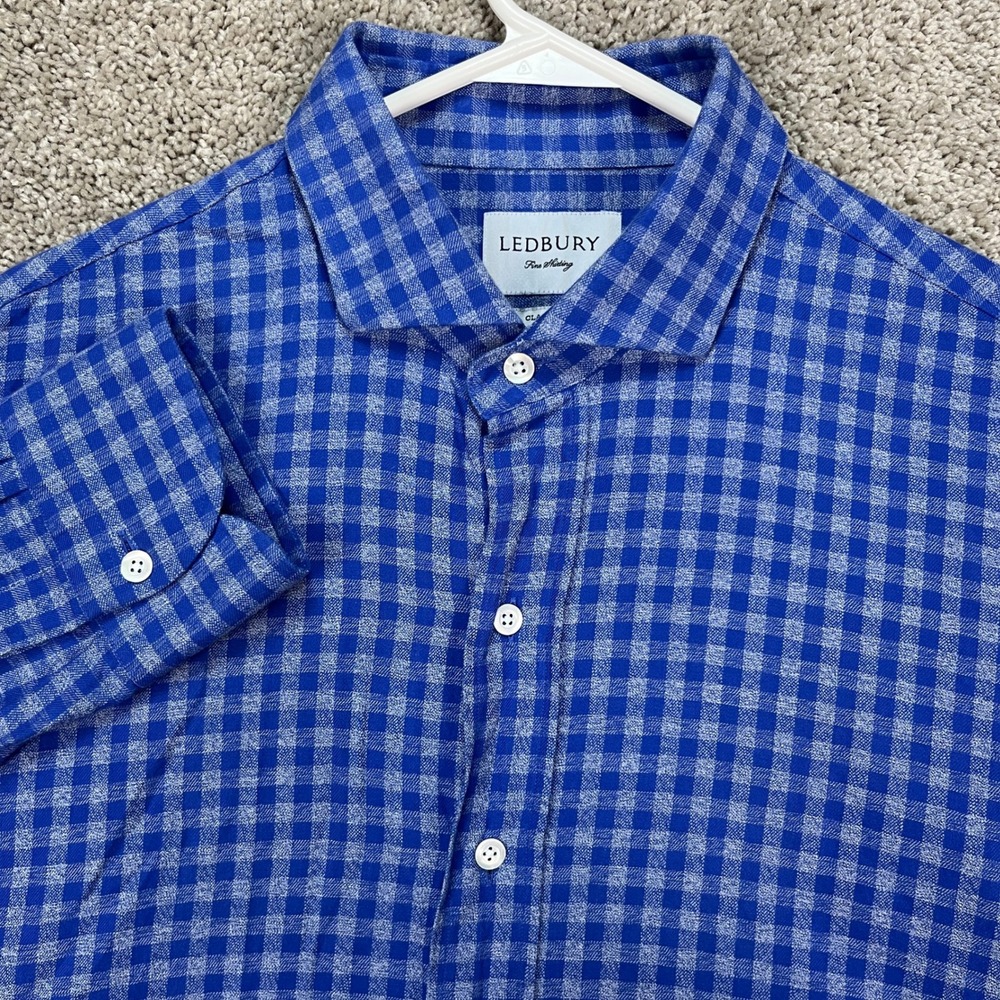 Ledbury Men's Blue Dress Shirt XL‎ Gingham Check Classic Fit Long Sleeve EUC